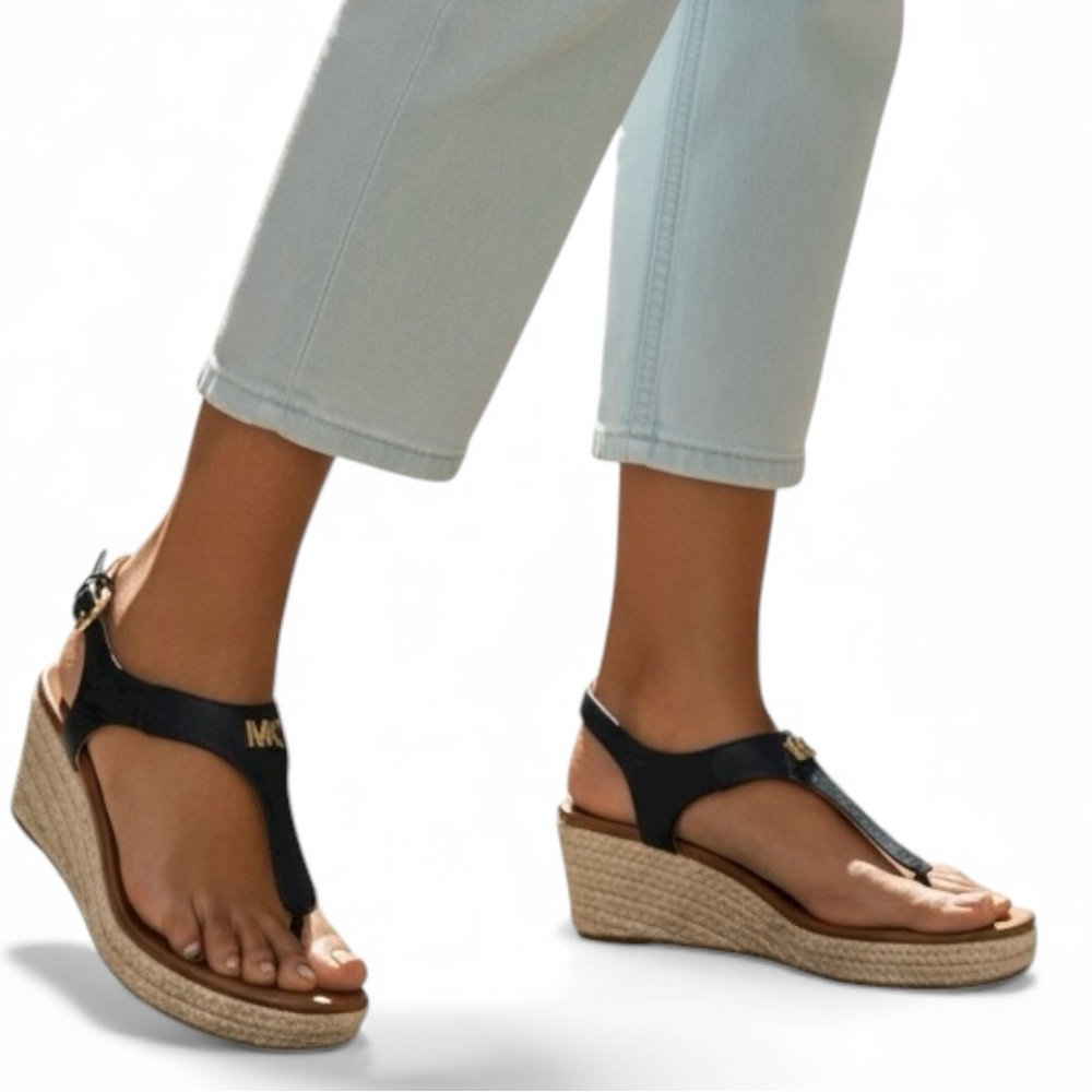 Michael Kors Laney Black Leather Logo Espadrille Wedge Sandals